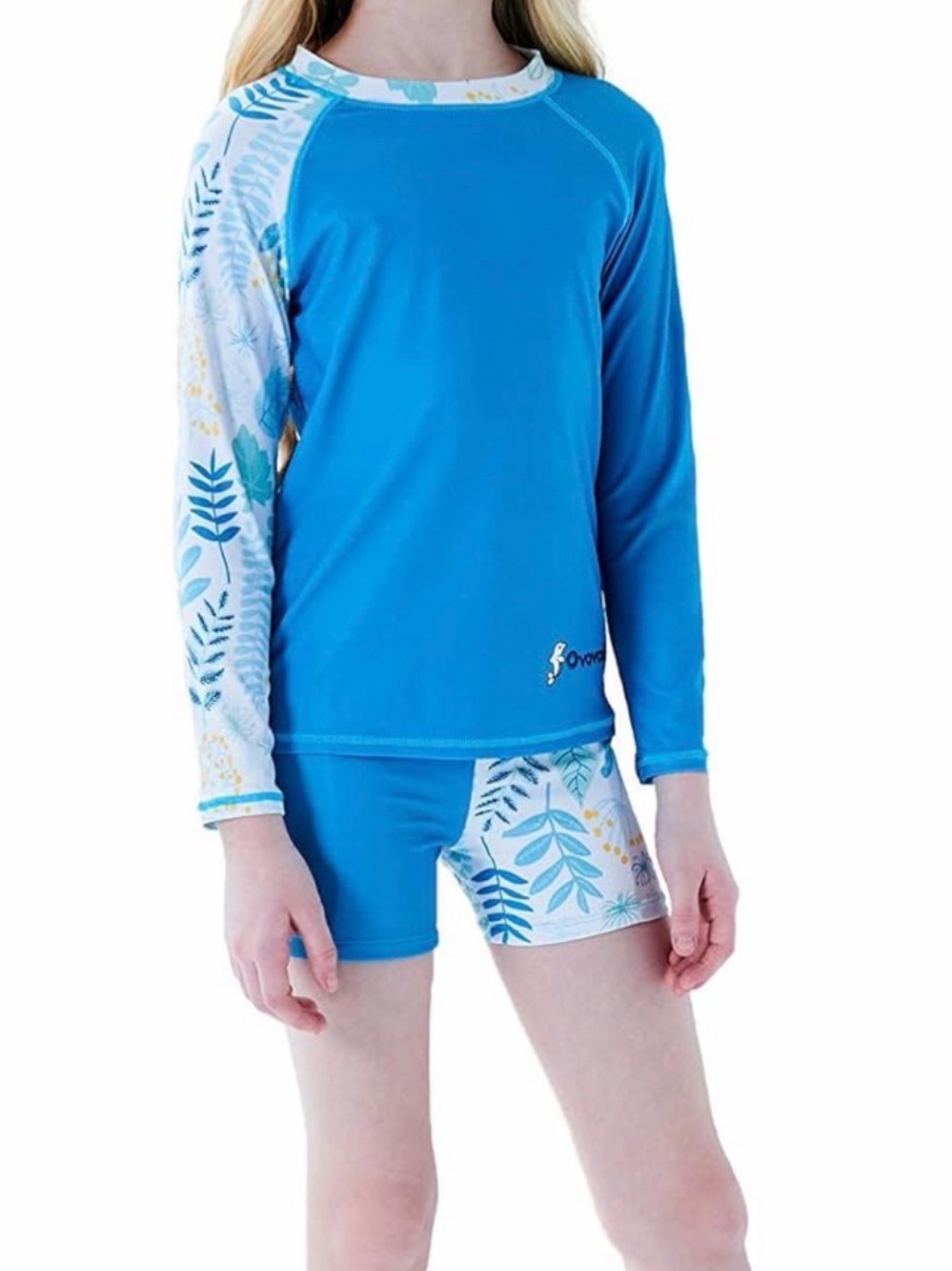 NWOT Girls' Teal Long-Sleeve Rash Guard Swim Set with Leaf Print